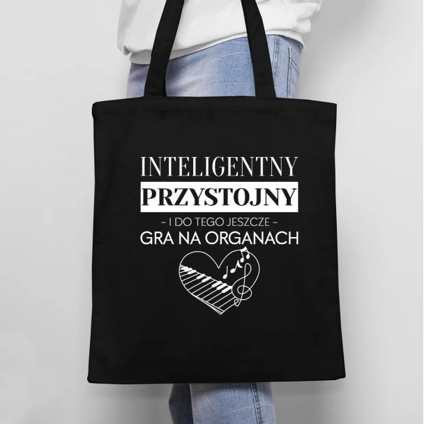 Inteligentny, przystojny i do tego jeszcze gra na organach - czarna torba z nadrukiem dla organisty
